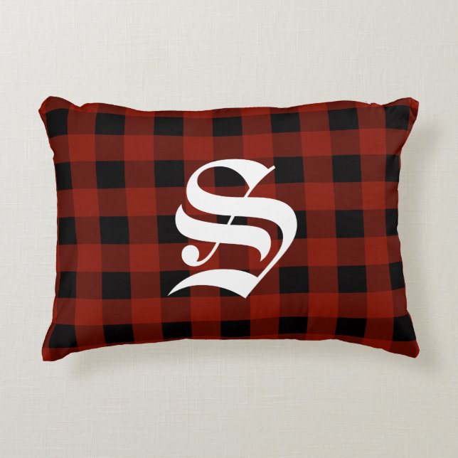 Cojín Decorativo Personalizado Monograma Red Buffalo Check Lumberja (Anverso)