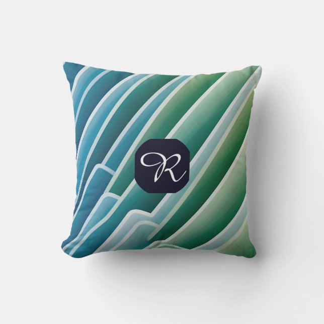Cojín Decorativo Personalizado Monograma Resumen moderno Verde azul (Anverso)