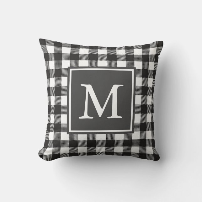 Cojín Decorativo Personalizado Monogramado Negro & Blanco Buffalo T (Anverso)