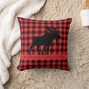 Cojín Decorativo Personalizado Moose Family Name Red Black Plaid