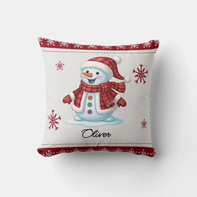 Cojín Decorativo Personalizado Muñeco de Nieve Plaid Rojo Navidad p (Anverso)