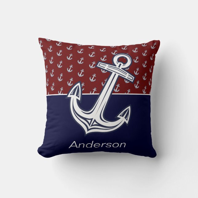 Cojín Decorativo Personalizado Nautical Anchor Baño Maroon Naval Az (Anverso)