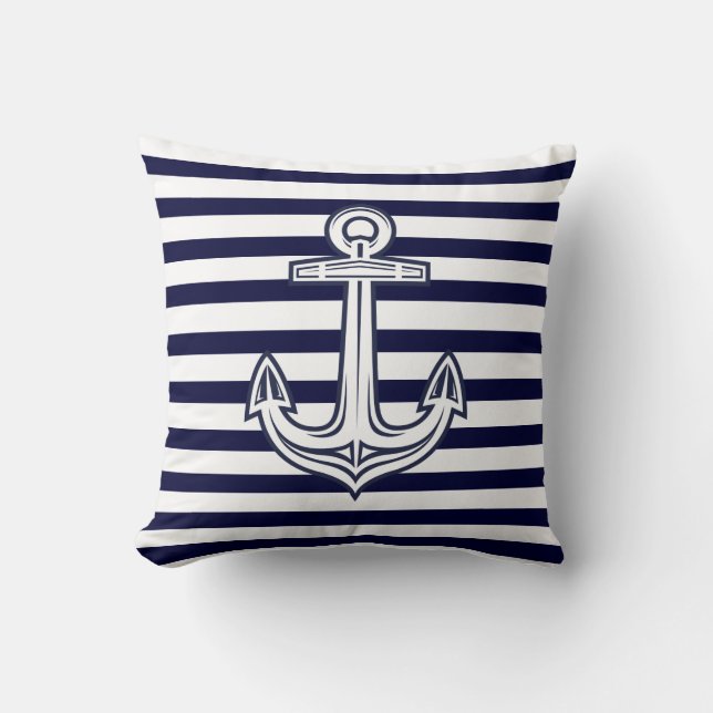 Cojín Decorativo Personalizado Nautical Anchor Naval Bandas azules (Anverso)