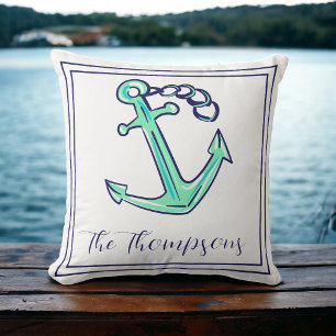 Cojín Decorativo Personalizado Navy Green Anchor Nautical Boat Coas