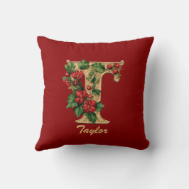 Cojín Decorativo Personalizado Ornate Monograma T Navidades Rojo Or