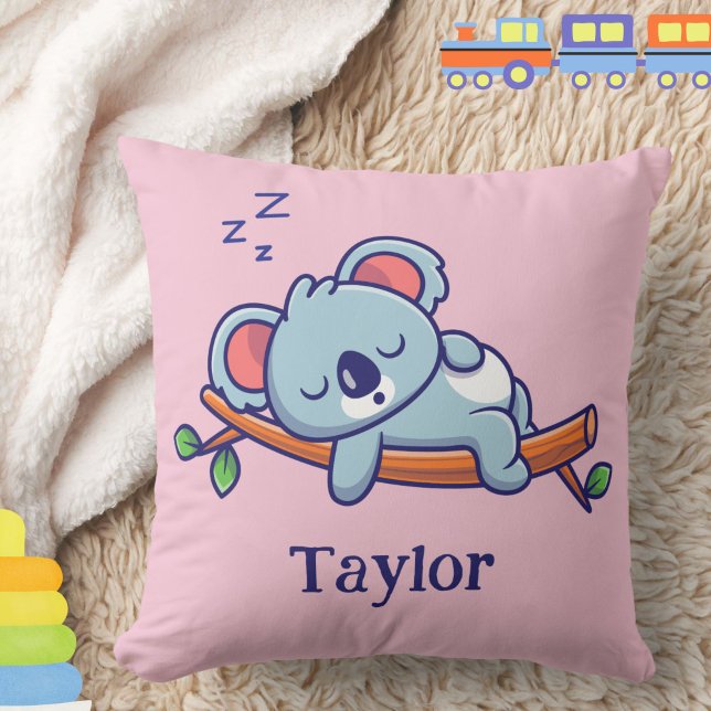 Cojín Decorativo Personalizado personalizada de osito de Koala (This cute sleeping koala throw pillow may be personalized with baby's or child's name. )