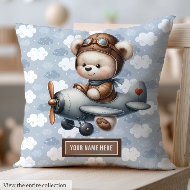Cojín Decorativo Personalizado Teddy Bear Pilot Pillow Baby Nursery (Custom Teddy Bear Pilot Pillow for Baby Boy Nursery)