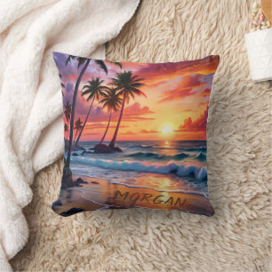 Cojín Decorativo Personalizado Tropical Beach Sunset   Arte costero