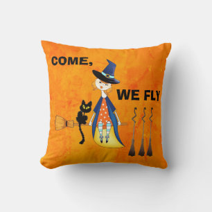 Cojín Decorativo Personalizado VEN, VOLAMOS Bruja Gato Naranja Deco