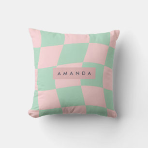 Cojín Decorativo Personalizado Verde Menta y Rosa Beige a Cuadros