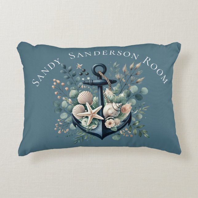 Cojín Decorativo Personalizar la ronda de anclaje costero azul de B (Anverso)