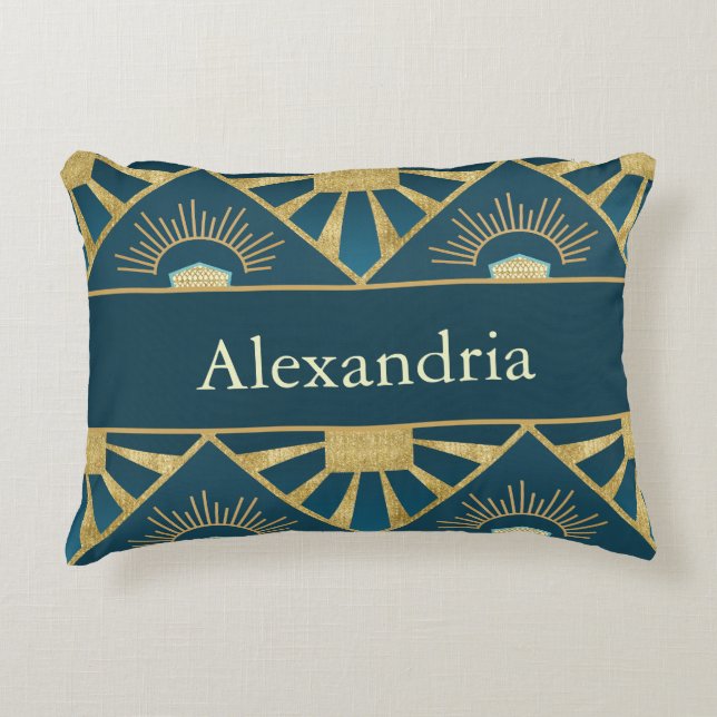 Cojín Decorativo Personalized Art Deco Teal & Gold Geometric Name  (Anverso)