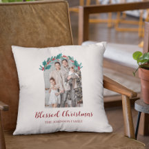 Personalized Christmas Wreath Photo & Name Pillow