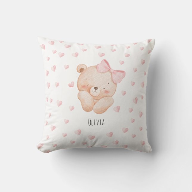 Cojín Decorativo Personalized Cute Bear with pink Hearts  (Anverso)