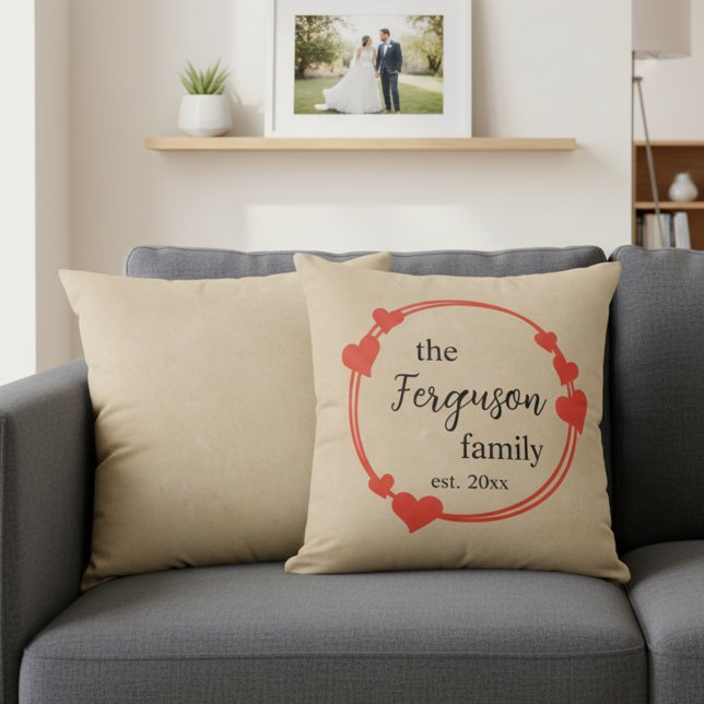 Cojín Decorativo Personalized Family Name with Wedding Year (Romantic personalized wedding gift idea - romantic family name throw pillow.)