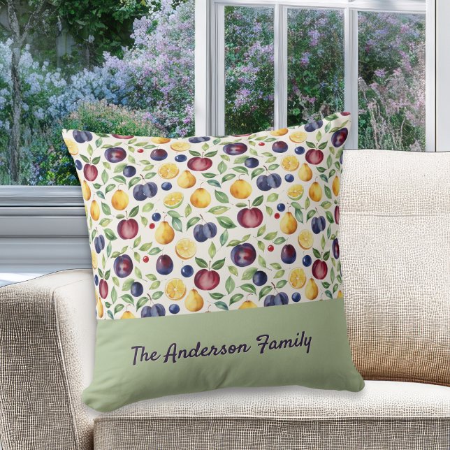 Cojín Decorativo Personalized Fruits and Leaves Pattern (A stylish throw pillow with custom family name, with fruits and leaves pattern)