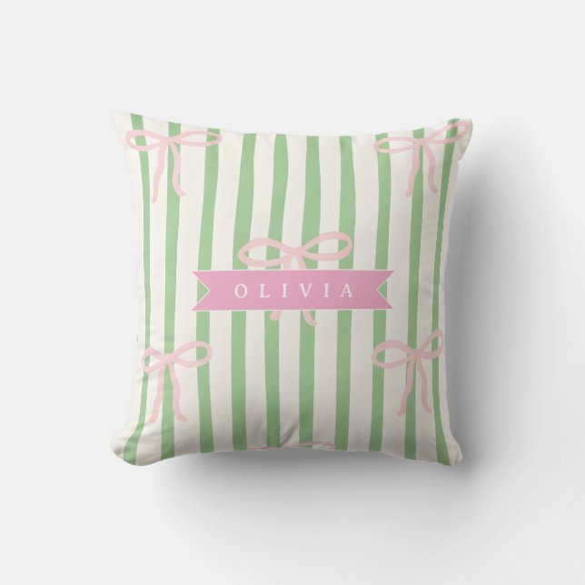 Cojín Decorativo Personalized Girly Coquette Green Stripe Bow (Anverso)