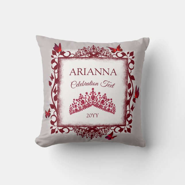 Cojín Decorativo Personalized Gray, Burgundy Red Tiara, Butterfly (Anverso)