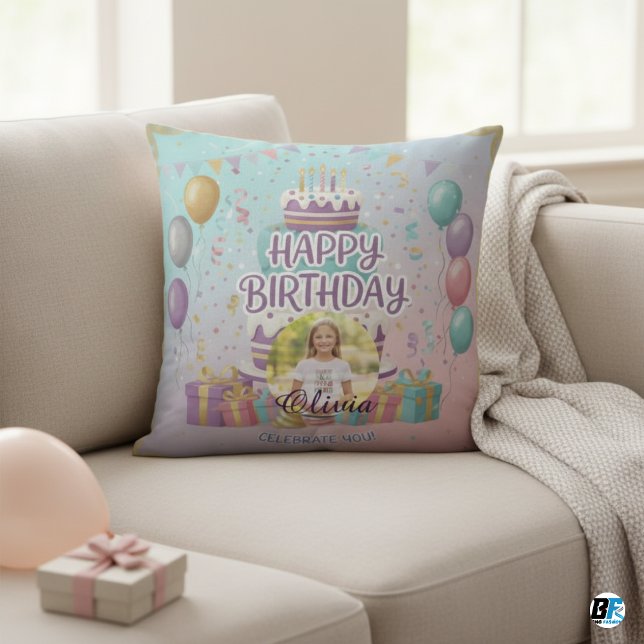 Cojín Decorativo Personalized Happy Birthday Photo, Custom Name (Subido por el creador)