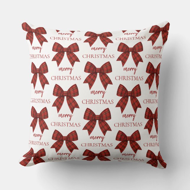 Cojín Decorativo Personalized Merry Christmas | Red Plaid Bow (Anverso)