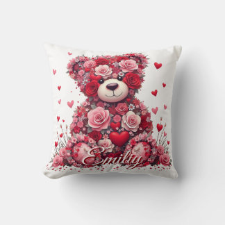 Cojín Decorativo Personalized Name Valentine’s Day Floral Bear
