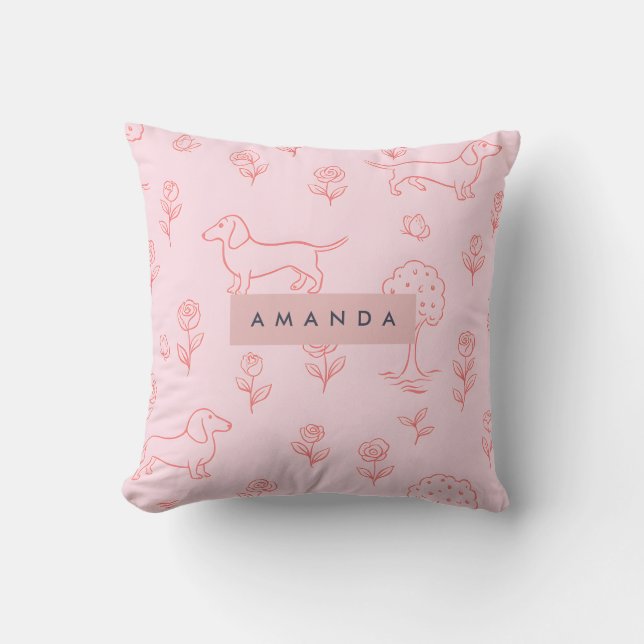 Cojín Decorativo Personalized Pink Dachshund and Flower (Anverso)