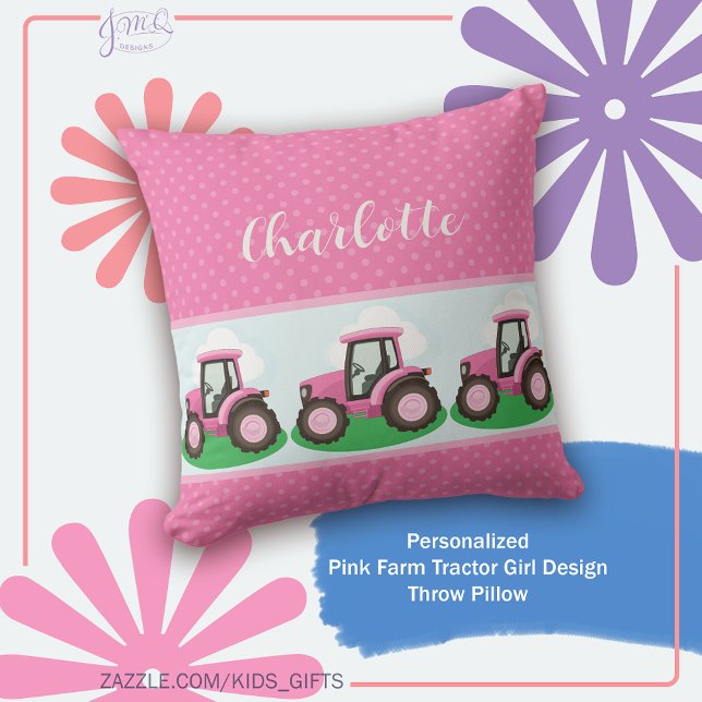 Cojín Decorativo Personalized Pink Farm Tractor Girl Design (Cute pink farm tractor design with a sweet girly feel and personalized name accent)
