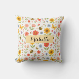 Cojín Decorativo Personalized Pink Yellow Floral Bee Throw Pillow