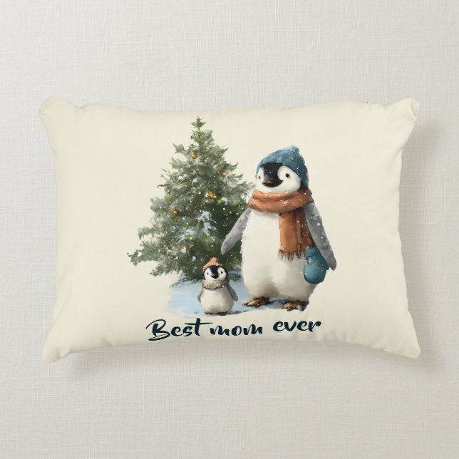 Cojín Decorativo Personalized Winter Penguin “Best Mom Ever” (Anverso)