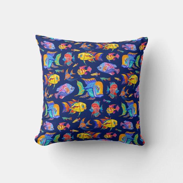 Cojín Decorativo Pesca tropical divertida en azul oscuro (Anverso)