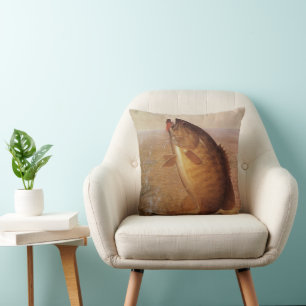 Cojín Decorativo Pesca Vintage, Lubina de Boca Pequeña Saltando en 