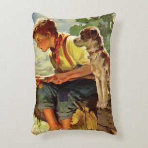 Cojín Decorativo Pesca Vintage, Niño con su Cachorro y Lombrices