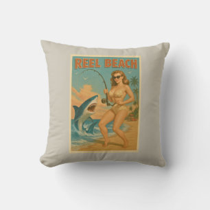 Cojín Decorativo Pescado de Tiburón de Playa en Carrete Pin-Up Retr