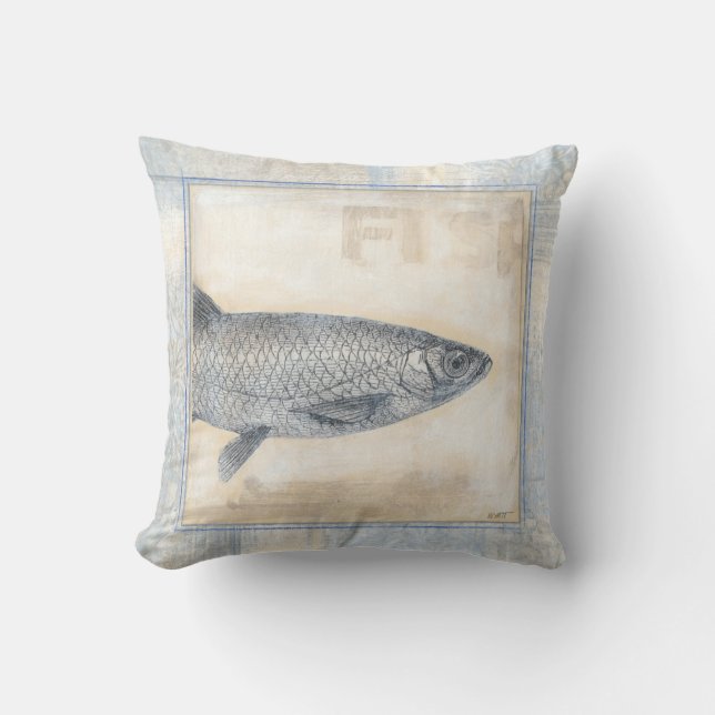 Cojín Decorativo Pescado gris en fondo beige (Anverso)