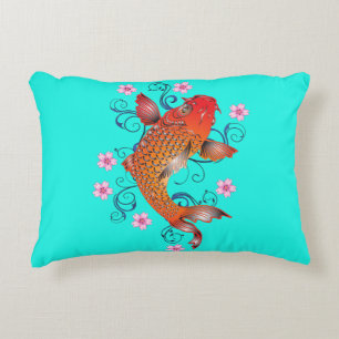 Cojín Decorativo Pescado Koi naranja oriental turquesa floral elega