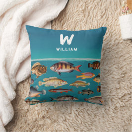 Cojín Decorativo Pescado monogramado bajo el océano azul