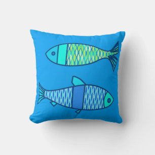 Cojín Decorativo Pescado retro moderno, turquesa y azul ceruleano
