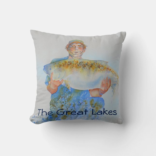 Cojín Decorativo Pescador acuarela pintura regalo de pesca para él (Anverso)