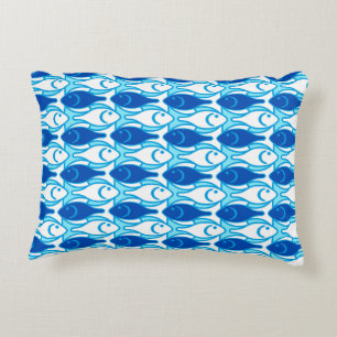 Cojín Decorativo Pescados modernos de los mediados de siglo, azul