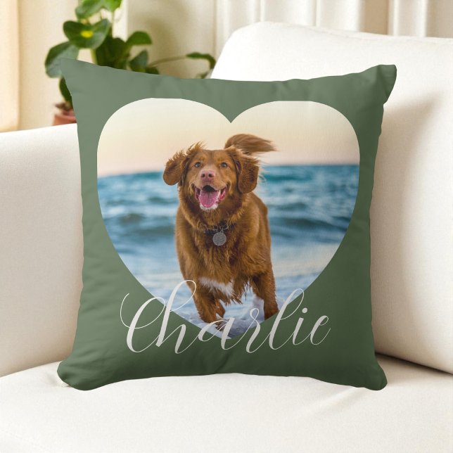 Cojín Decorativo Pet Photo Green Script Cute Heart Personalized Dog (Pet Photo Green Script Cute Heart Personalized Dog Throw Pillow)