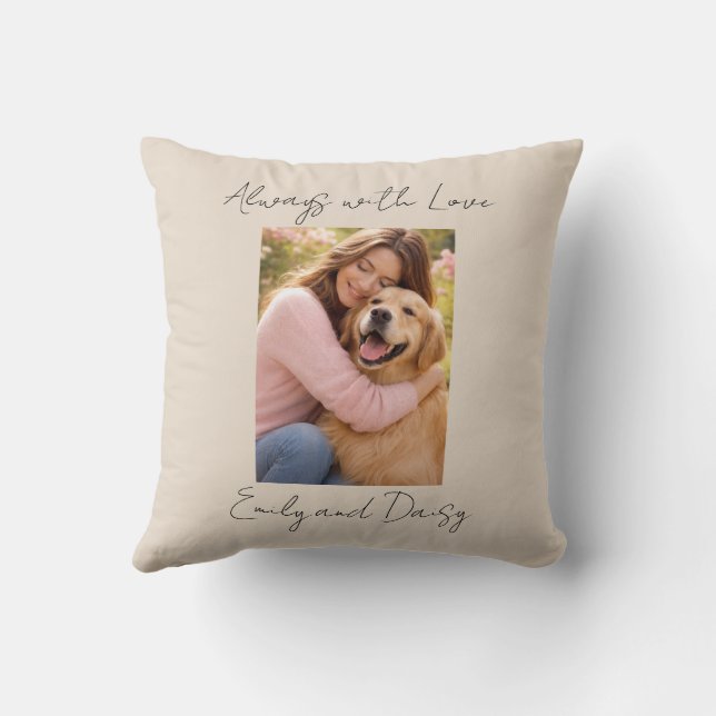 Cojín Decorativo Pet Photo Name Text Throw Pillow Beige Love Always (Reverso)