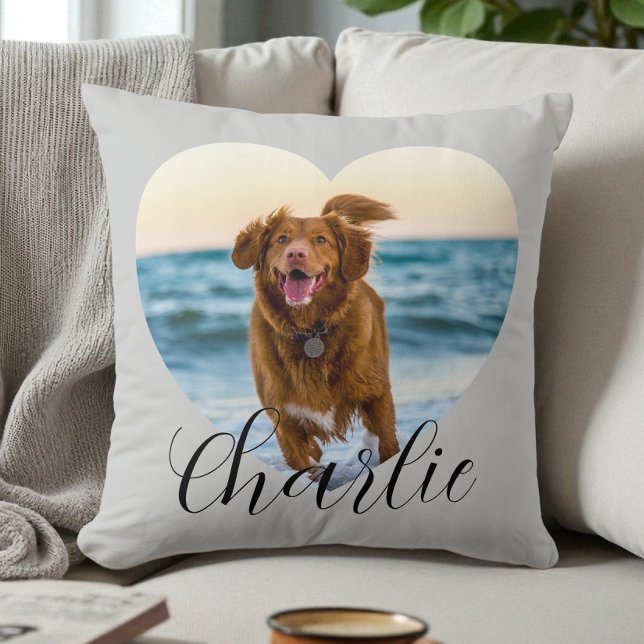Cojín Decorativo Pet Photo Script Modern Heart Personalized Dog (Pet Photo Script Modern Heart Personalized Dog Throw Pillow)
