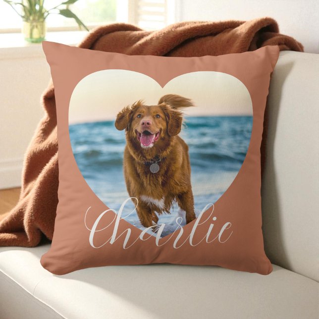 Cojín Decorativo Pet Photo Script Terracotta Heart Personalized Dog (Pet Photo Script Terracotta Heart Personalized Dog Throw Pillow)