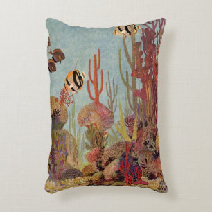 Cojín Decorativo Pez ángel en coral, pez tropical vintage en océano