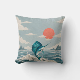 Cojín Decorativo Pez Vela Verde Papel Coral Sol Olas Océano