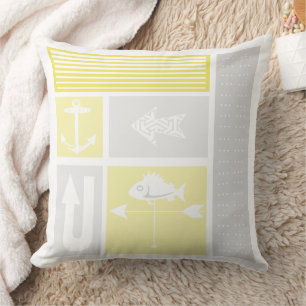 Cojín Decorativo Pez Veleta Ancla Náutica Gris Amarillo