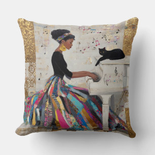 Cojín Decorativo Pianista negra con papel de oro y gato