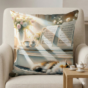 Cojín Decorativo Piano de Ensueño Cottagecore con Gato bajo la Luz 
