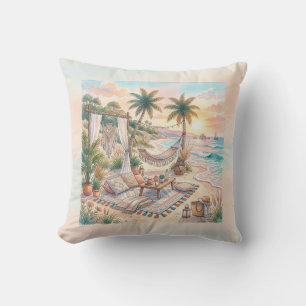 Cojín Decorativo Pícnic al Atardecer Tropical Boho con Acuarela en