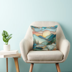 Cojín Decorativo Picos de Montaña Dorada Arte en Vidrio Pintado